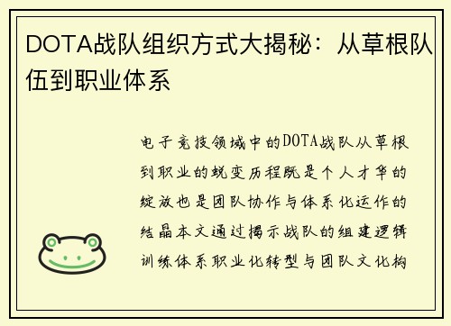 DOTA战队组织方式大揭秘：从草根队伍到职业体系